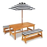 KidKraft 106 Set tavolo e panchine in legno per bambini con cuscini e ombrellone, mobili per giardino e per esterno, Strisce blu navy e bianche